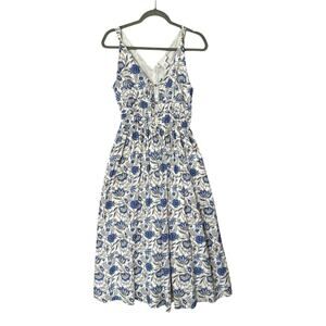 Caroline Constas Floral Midi Dress Size S Blue White Sleeveless w/ Pockets Beach